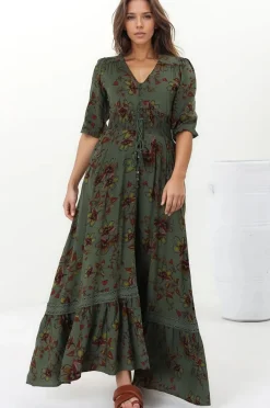 Romi Maxi Dress - Button Down 3/4 Sleeve Dress with Waist Tie in Esme Print><noscript><img width=