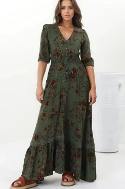 Romi Maxi Dress - Button Down 3/4 Sleeve Dress with Waist Tie in Esme Print><noscript><img width=