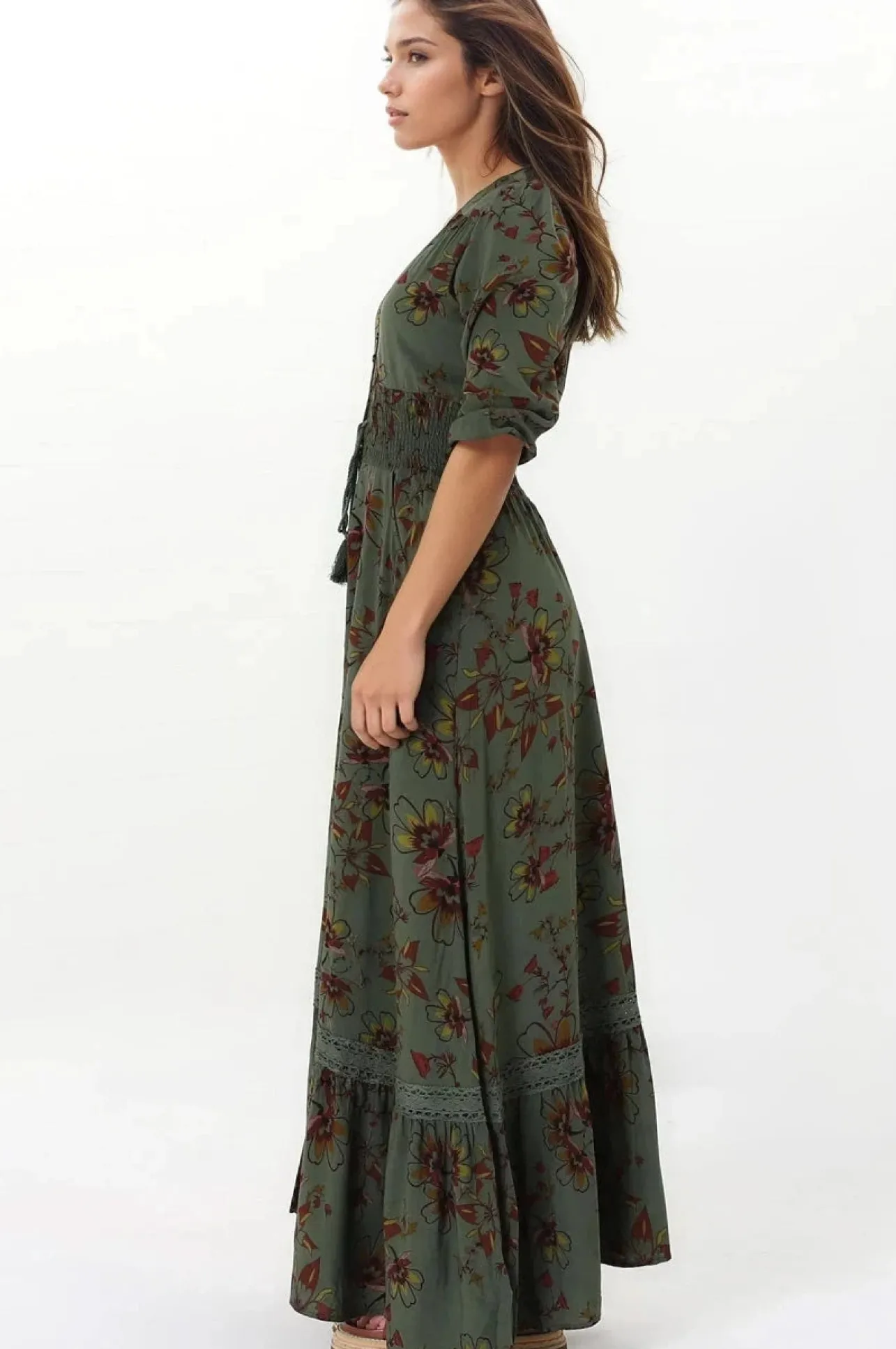 Romi Maxi Dress - Button Down 3/4 Sleeve Dress with Waist Tie in Esme Print>Jaase Clearance
