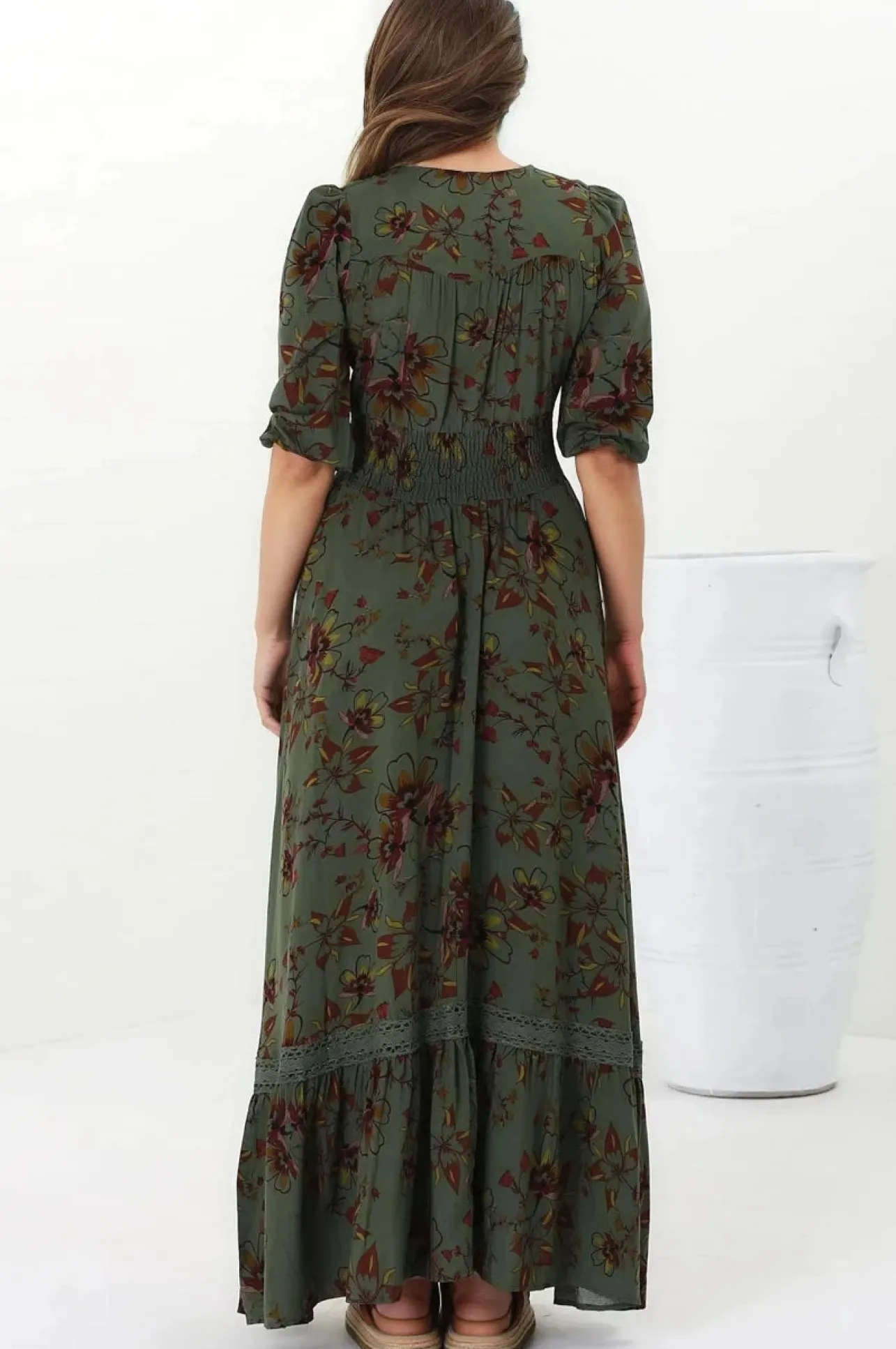 Romi Maxi Dress - Button Down 3/4 Sleeve Dress with Waist Tie in Esme Print>Jaase Clearance