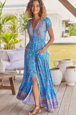 Romi Maxi Dress - Button Down Cap Sleeve Dress with Waist Tie in Josianne Print>Jaase Discount