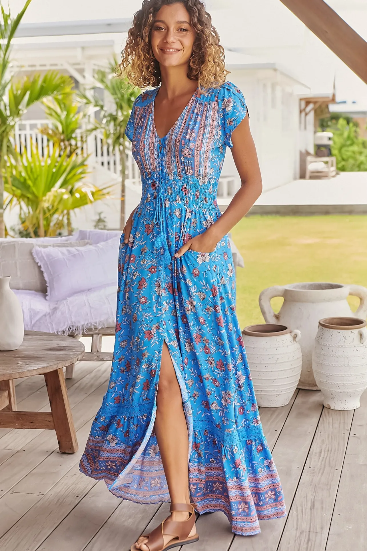 Romi Maxi Dress - Button Down Cap Sleeve Dress with Waist Tie in Josianne Print>Jaase Discount