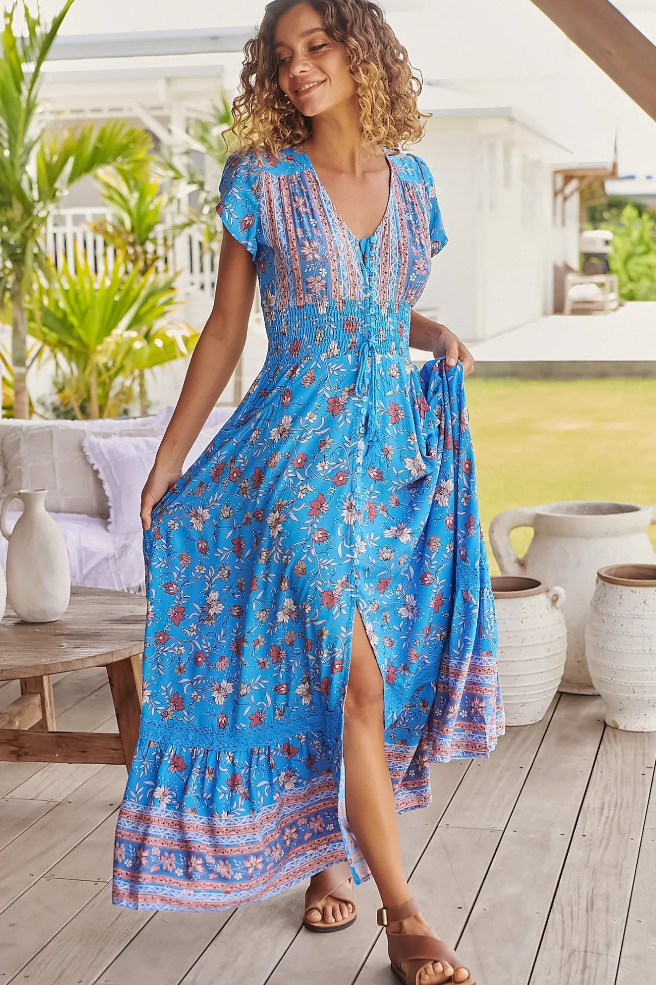 Romi Maxi Dress - Button Down Cap Sleeve Dress with Waist Tie in Josianne Print>Jaase Discount