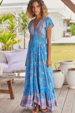 Romi Maxi Dress - Button Down Cap Sleeve Dress with Waist Tie in Josianne Print><noscript><img width=
