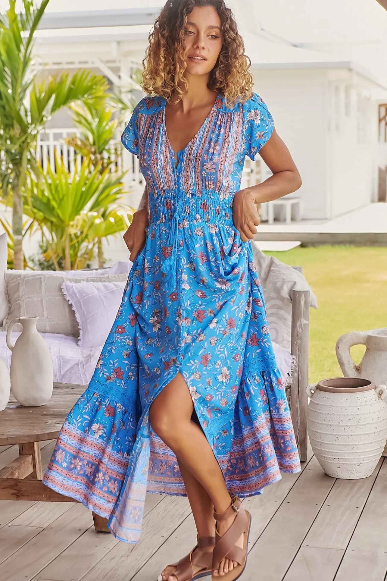 Romi Maxi Dress - Button Down Cap Sleeve Dress with Waist Tie in Josianne Print>Jaase Discount
