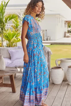 Romi Maxi Dress - Button Down Cap Sleeve Dress with Waist Tie in Josianne Print><noscript><img width=