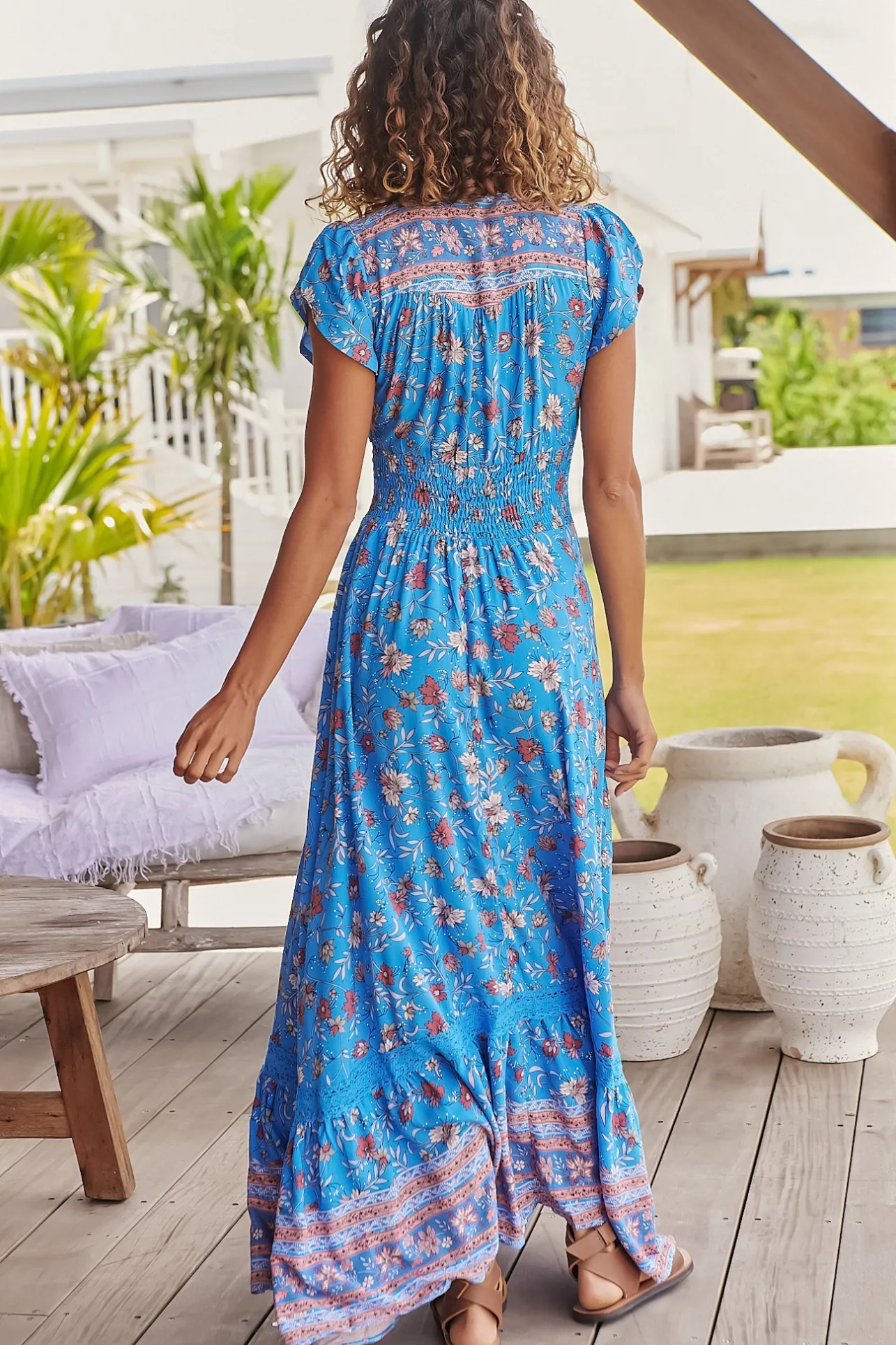 Romi Maxi Dress - Button Down Cap Sleeve Dress with Waist Tie in Josianne Print>Jaase Discount