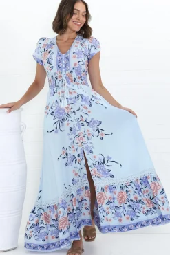 Romi Maxi Dress - V Neck Cap Sleeve A-Line Button Through Dress in Heaven Print><noscript><img width=