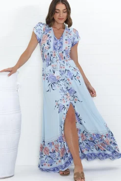 Romi Maxi Dress - V Neck Cap Sleeve A-Line Button Through Dress in Heaven Print><noscript><img width=