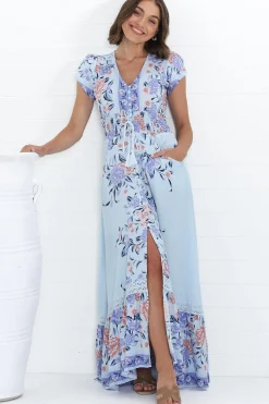 Romi Maxi Dress - V Neck Cap Sleeve A-Line Button Through Dress in Heaven Print><noscript><img width=