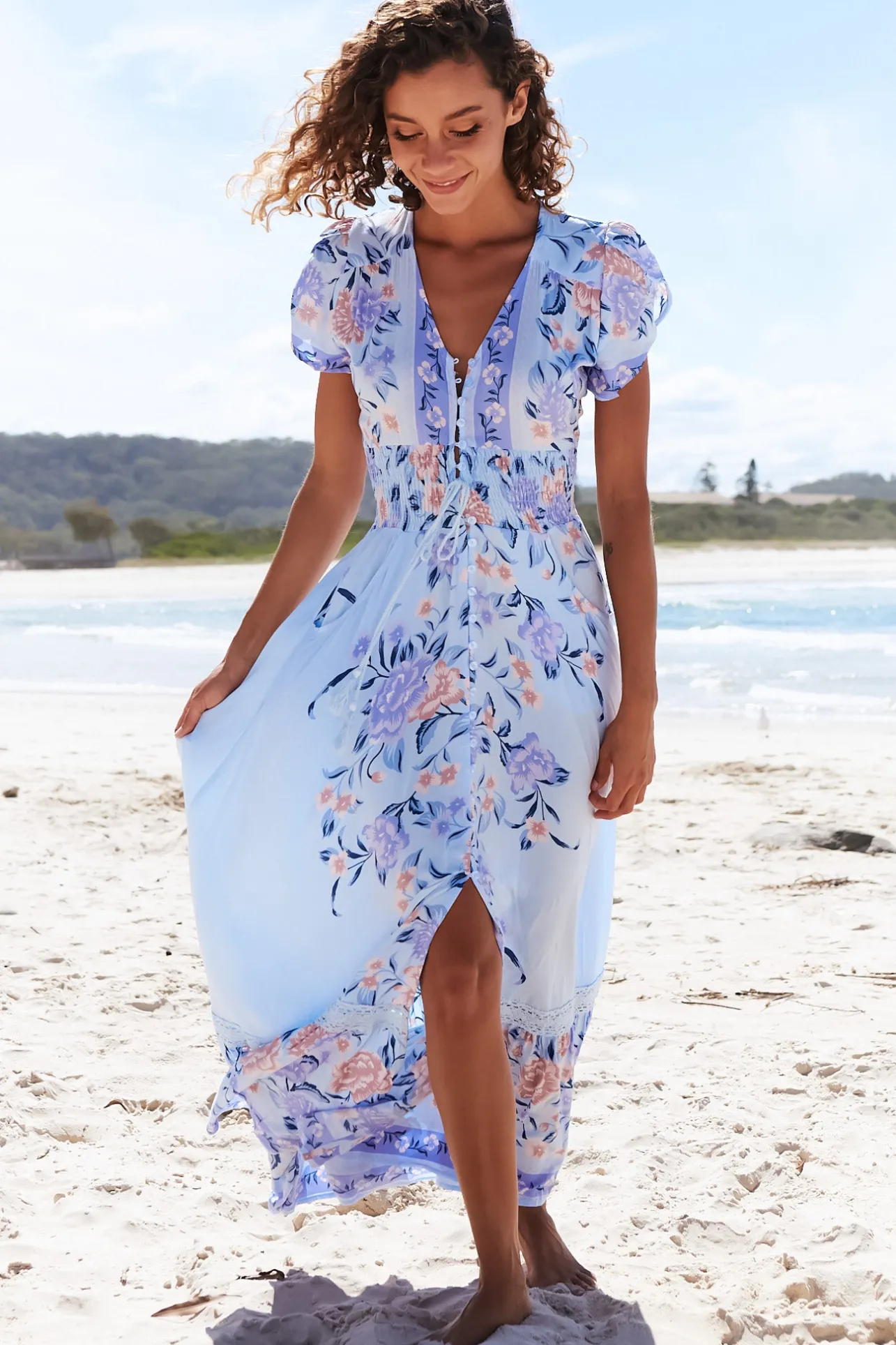 Romi Maxi Dress - V Neck Cap Sleeve A-Line Button Through Dress in Heaven Print>Jaase New