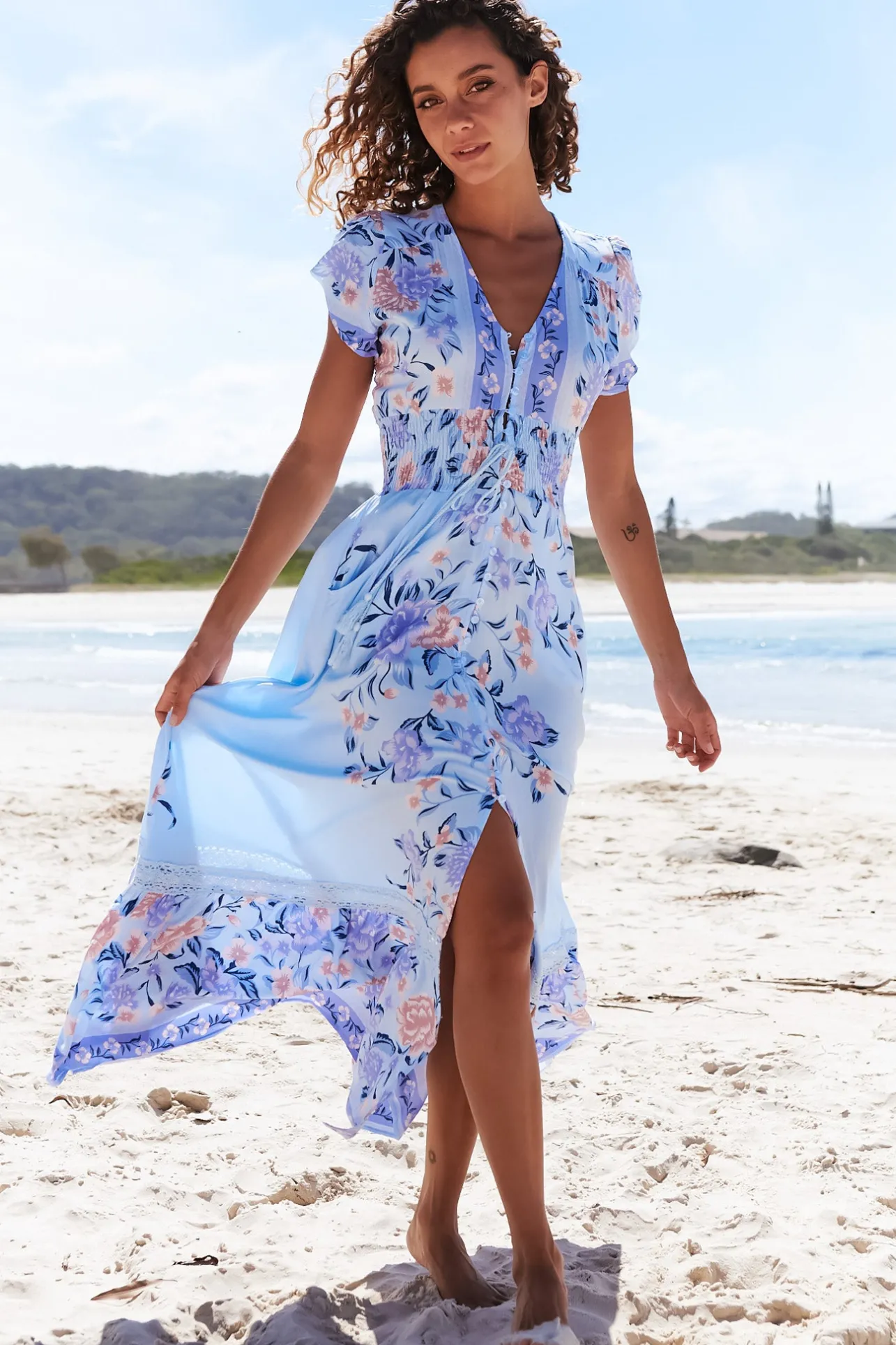 Romi Maxi Dress - V Neck Cap Sleeve A-Line Button Through Dress in Heaven Print>Jaase New