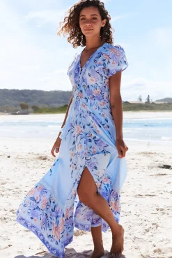 Romi Maxi Dress - V Neck Cap Sleeve A-Line Button Through Dress in Heaven Print><noscript><img width=