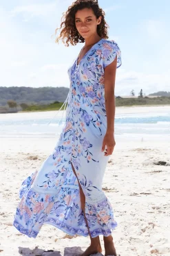 Romi Maxi Dress - V Neck Cap Sleeve A-Line Button Through Dress in Heaven Print><noscript><img width=