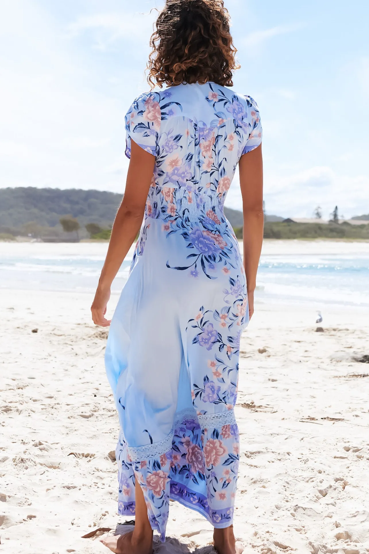 Romi Maxi Dress - V Neck Cap Sleeve A-Line Button Through Dress in Heaven Print>Jaase New