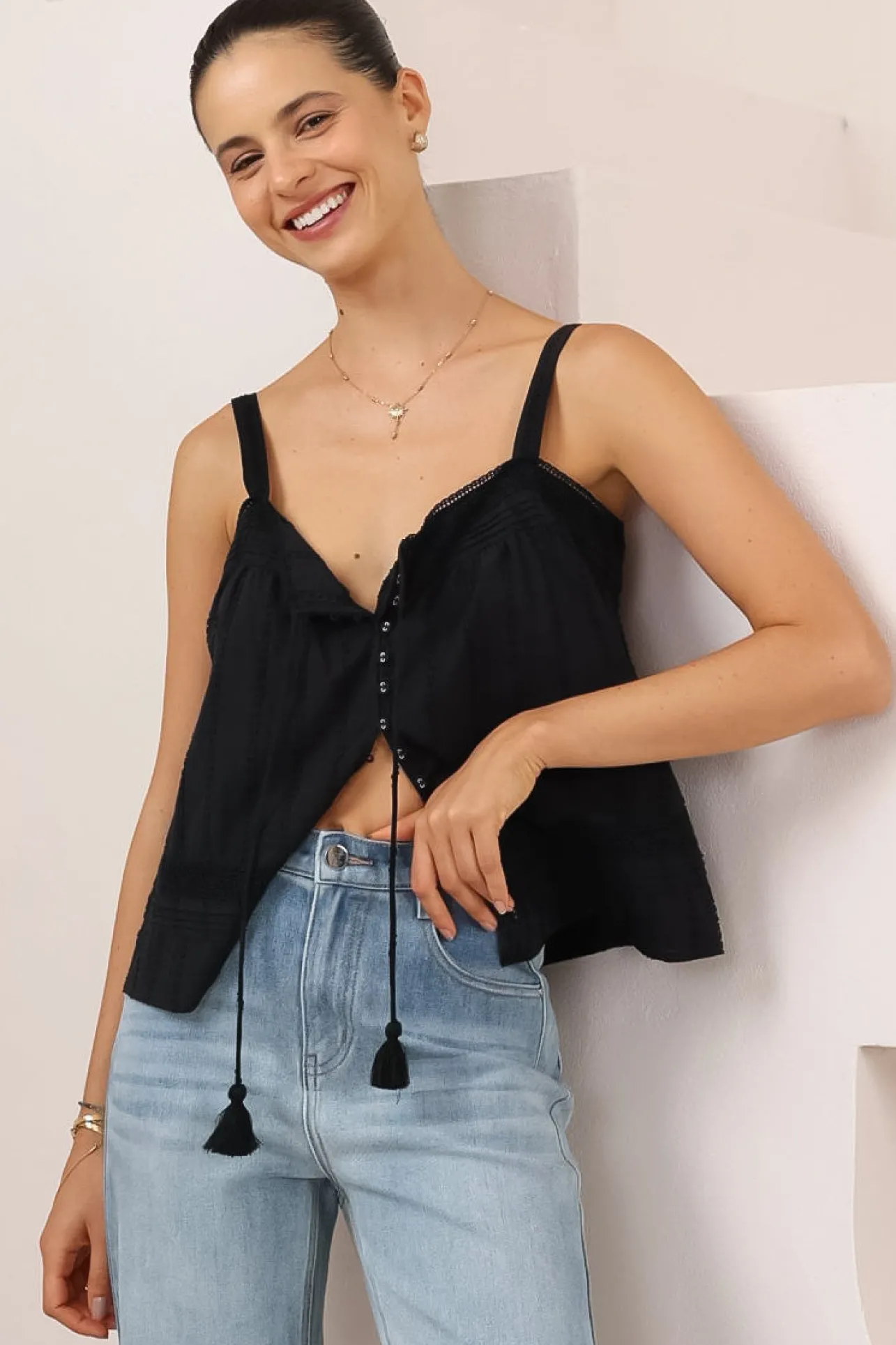 Romia Top - Embroidered and Lace Detailed Button-Down Cami in Black>Salty Crush Best