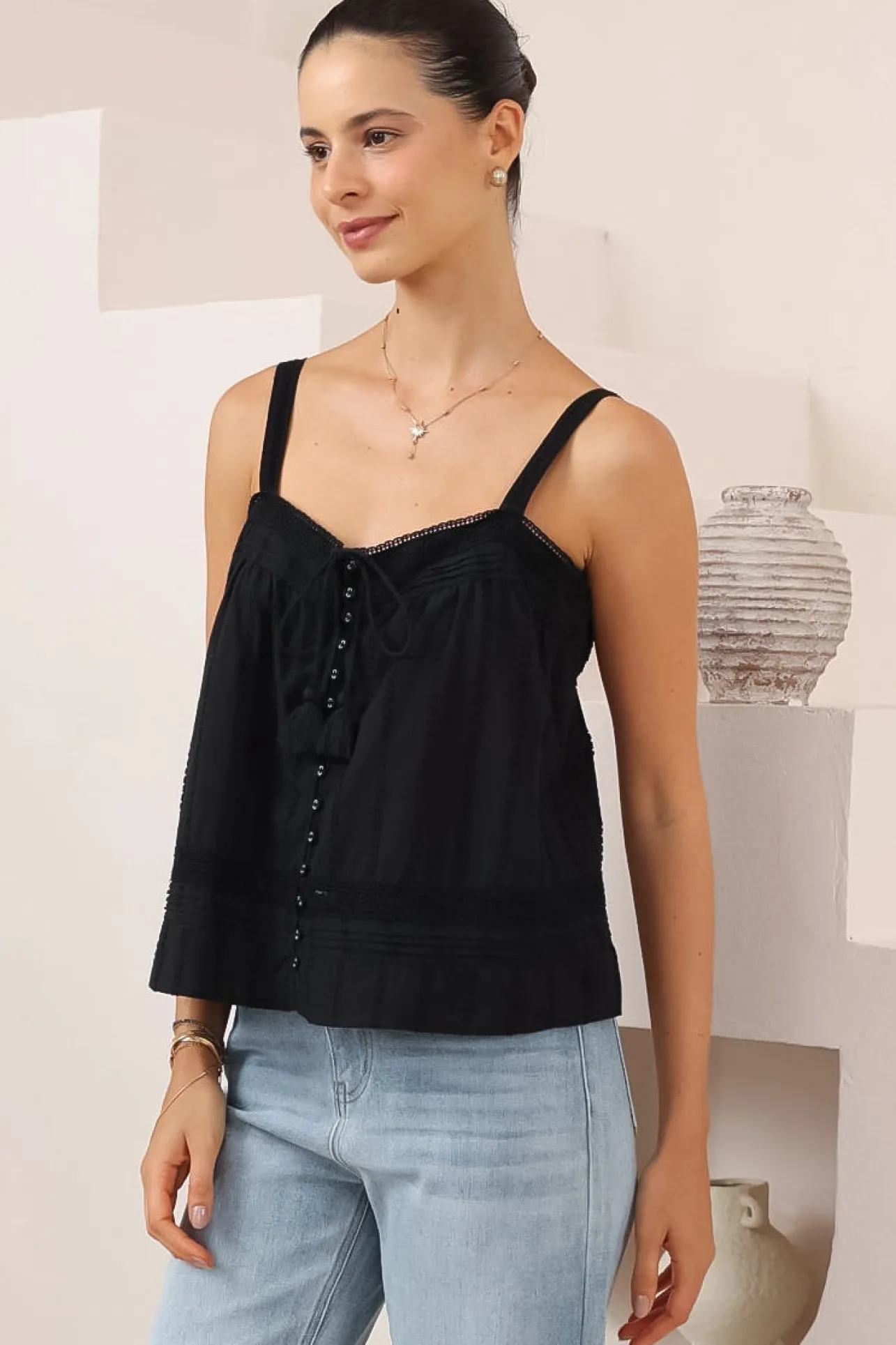 Romia Top - Embroidered and Lace Detailed Button-Down Cami in Black>Salty Crush Best