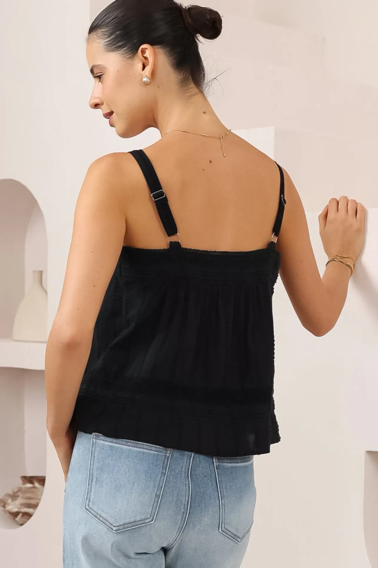 Romia Top - Embroidered and Lace Detailed Button-Down Cami in Black>Salty Crush Best