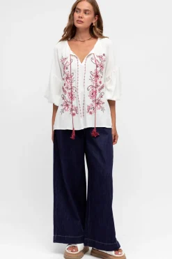 Rory Blouse - Pull Over Balloon Sleeve Embroidered Smock in Winslie Print Ivory>Salty Crush New