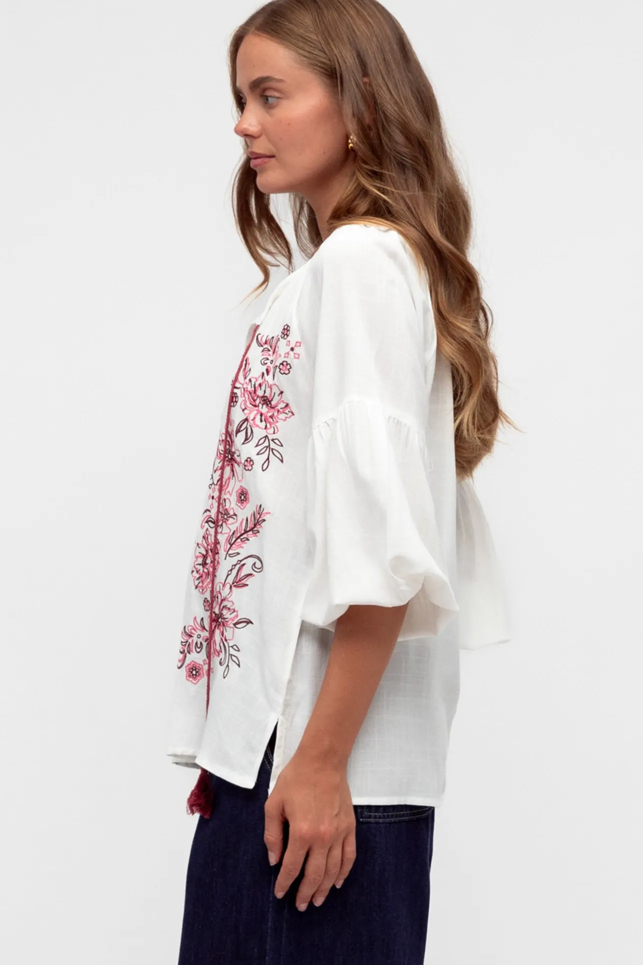 Rory Blouse - Pull Over Balloon Sleeve Embroidered Smock in Winslie Print Ivory>Salty Crush New