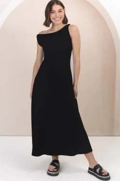 Rosalia Maxi Dress - Asymmetric Neckline Twist Sleeve A-Line Dress in Black>Salty Crush Best