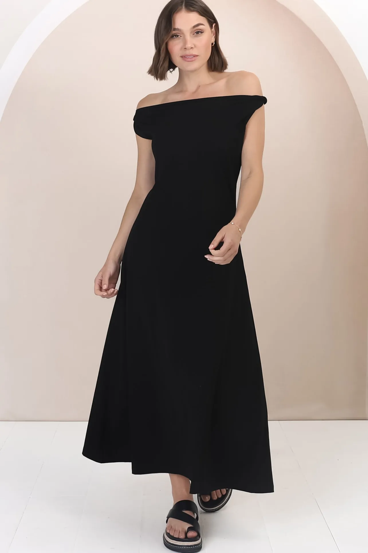Rosalia Maxi Dress - Asymmetric Neckline Twist Sleeve A-Line Dress in Black>Salty Crush Best