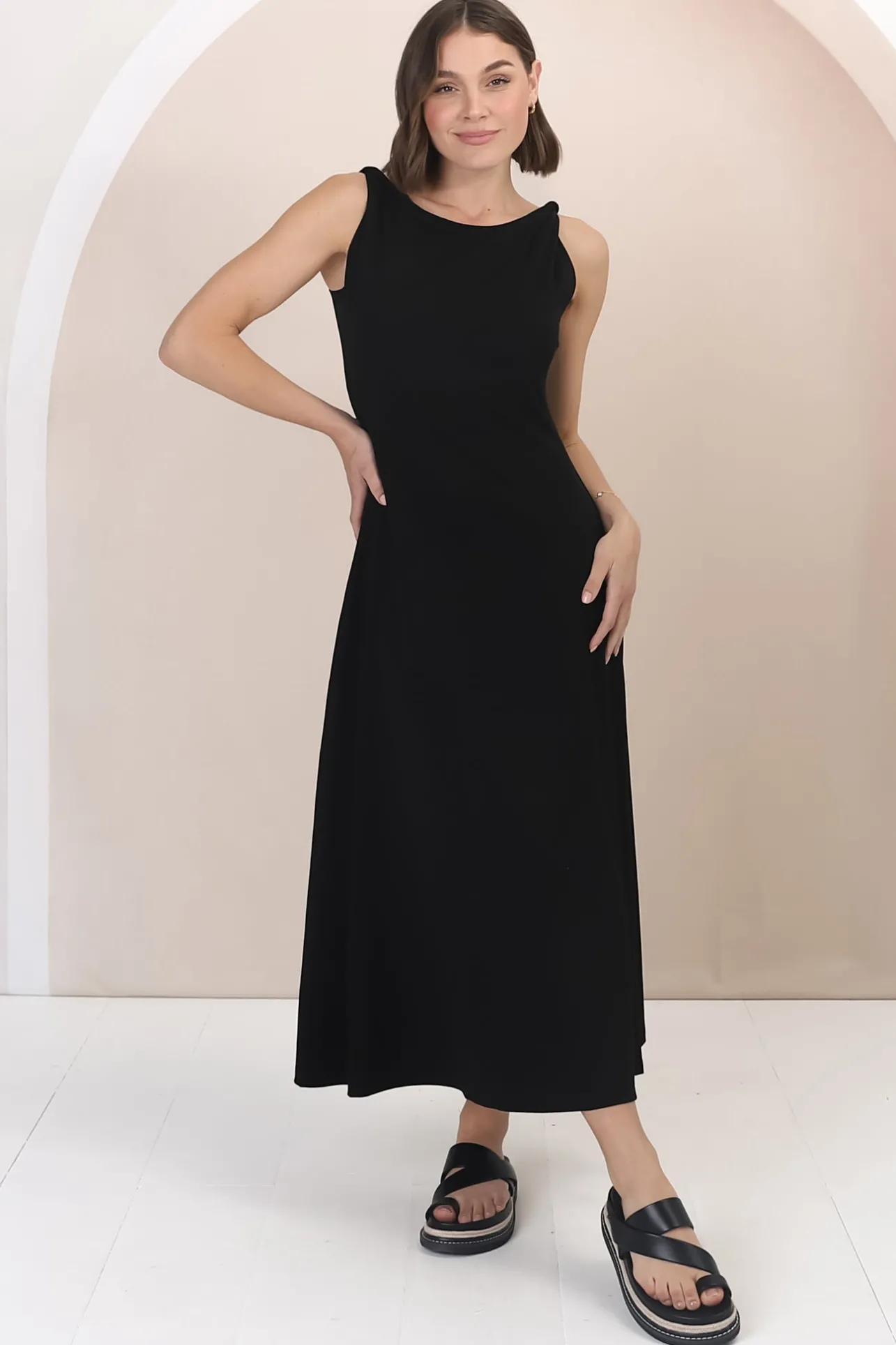 Rosalia Maxi Dress - Asymmetric Neckline Twist Sleeve A-Line Dress in Black>Salty Crush Best