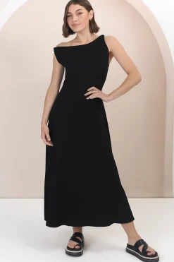 Rosalia Maxi Dress - Asymmetric Neckline Twist Sleeve A-Line Dress in Black><noscript><img width=