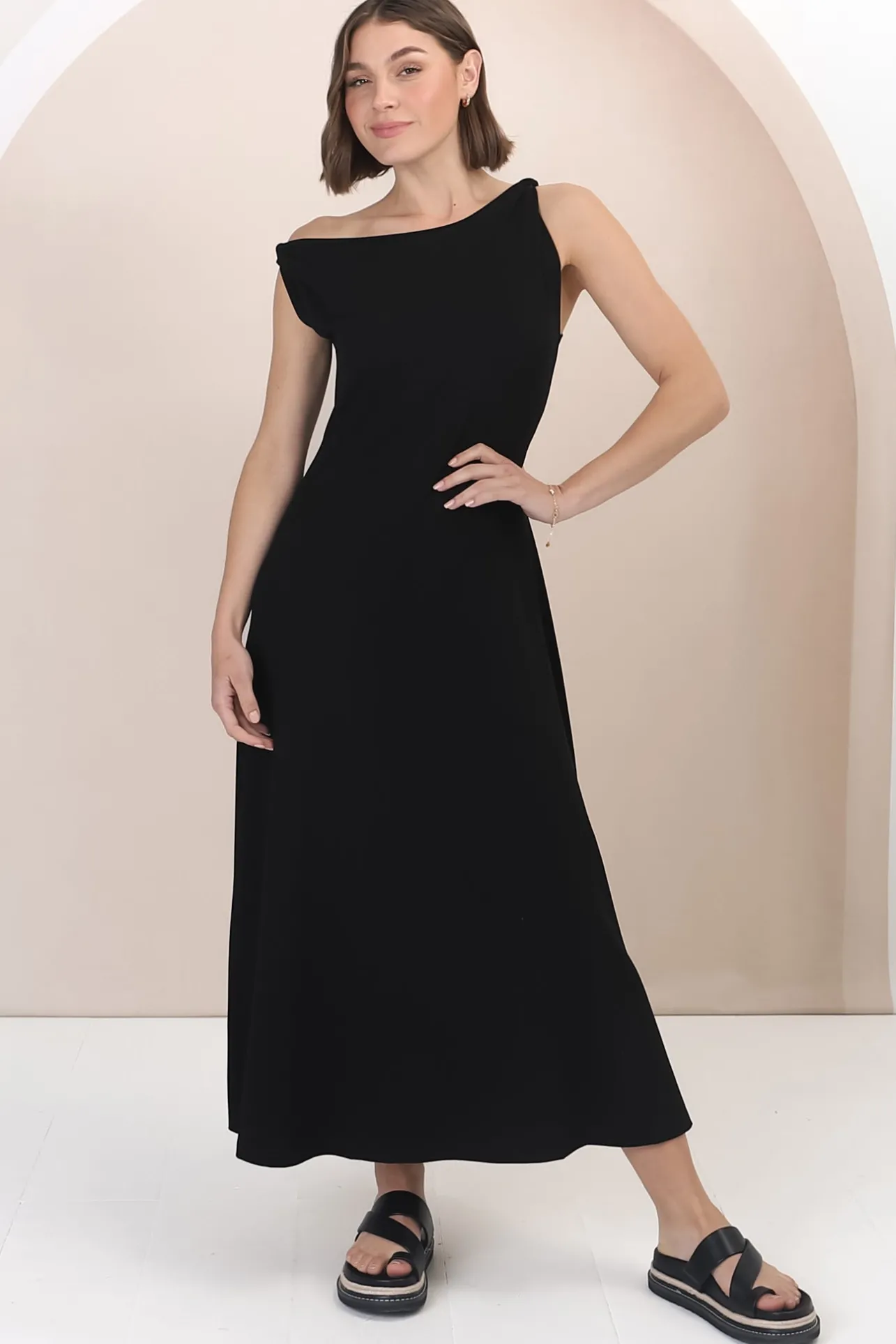 Rosalia Maxi Dress - Asymmetric Neckline Twist Sleeve A-Line Dress in Black>Salty Crush Best