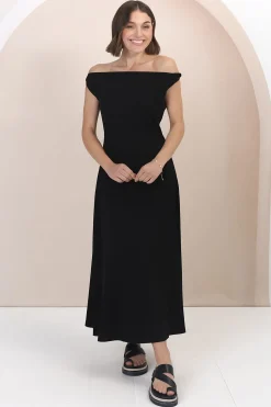Rosalia Maxi Dress - Asymmetric Neckline Twist Sleeve A-Line Dress in Black><noscript><img width=