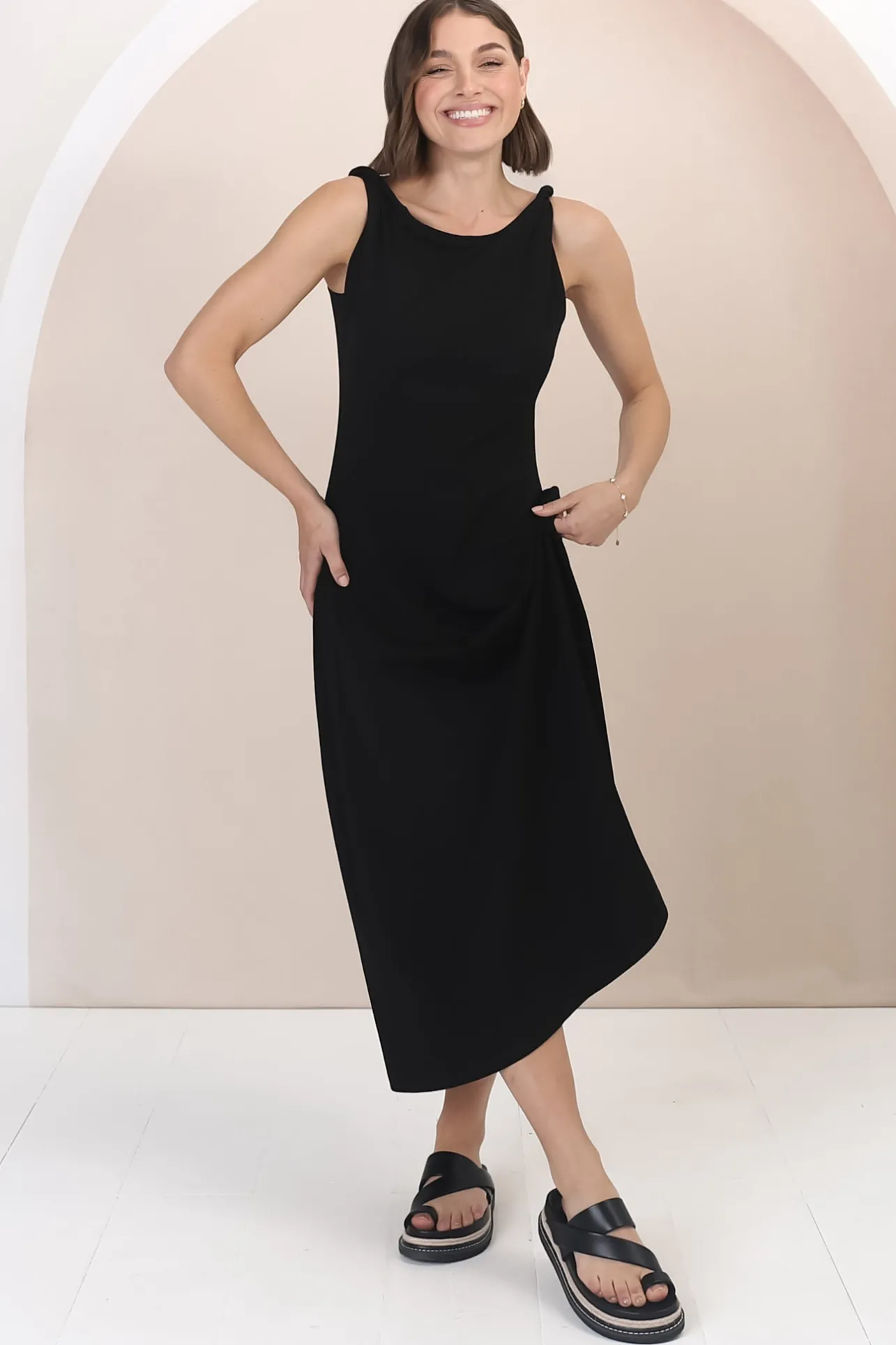 Rosalia Maxi Dress - Asymmetric Neckline Twist Sleeve A-Line Dress in Black>Salty Crush Best