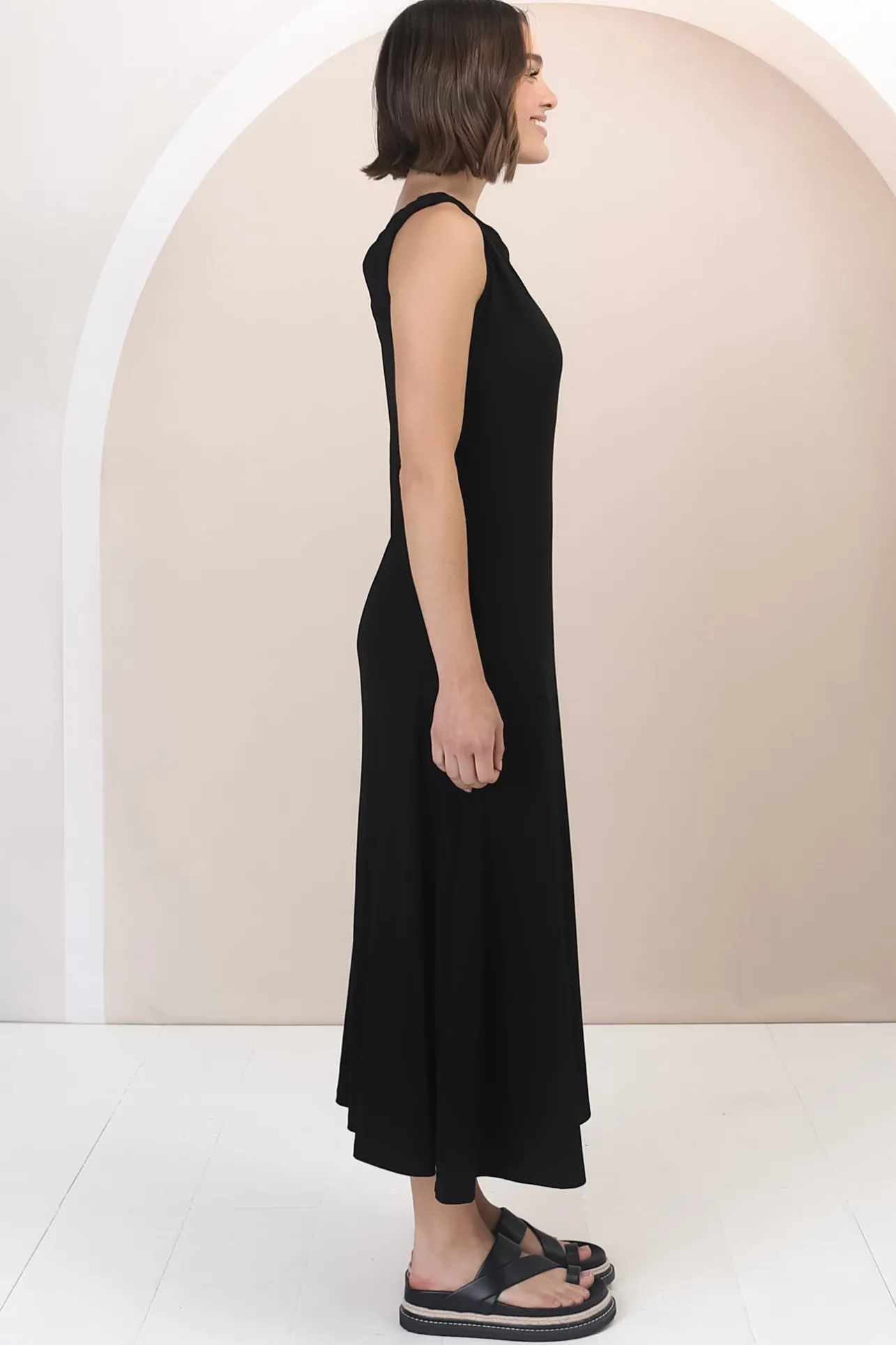 Rosalia Maxi Dress - Asymmetric Neckline Twist Sleeve A-Line Dress in Black>Salty Crush Best