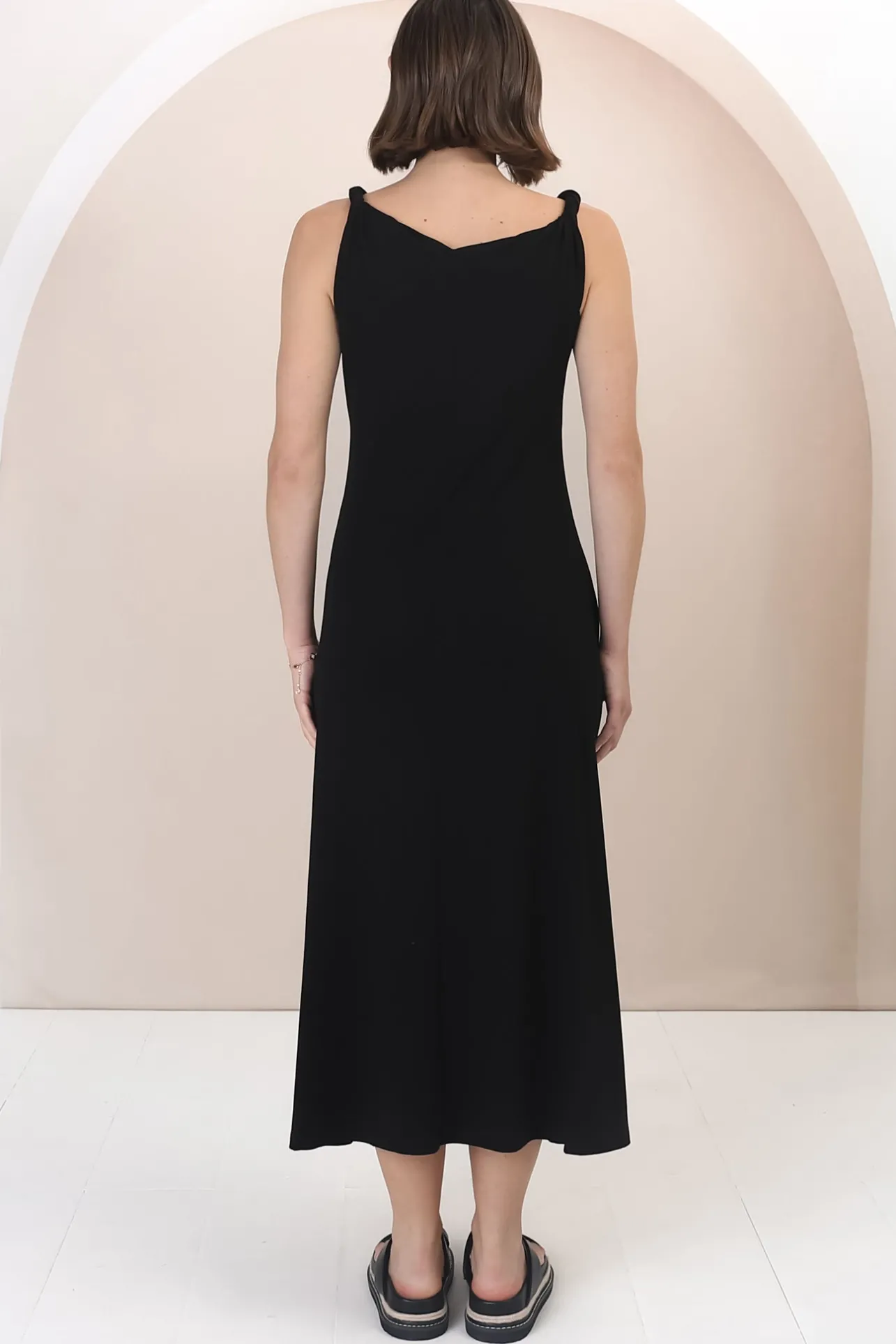 Rosalia Maxi Dress - Asymmetric Neckline Twist Sleeve A-Line Dress in Black>Salty Crush Best