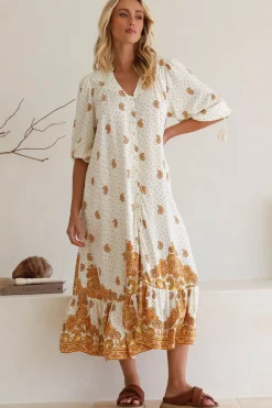 Rosalie Maxi Dress - Mandarin Collar Button Down Dress in Sundown Print><noscript><img width=