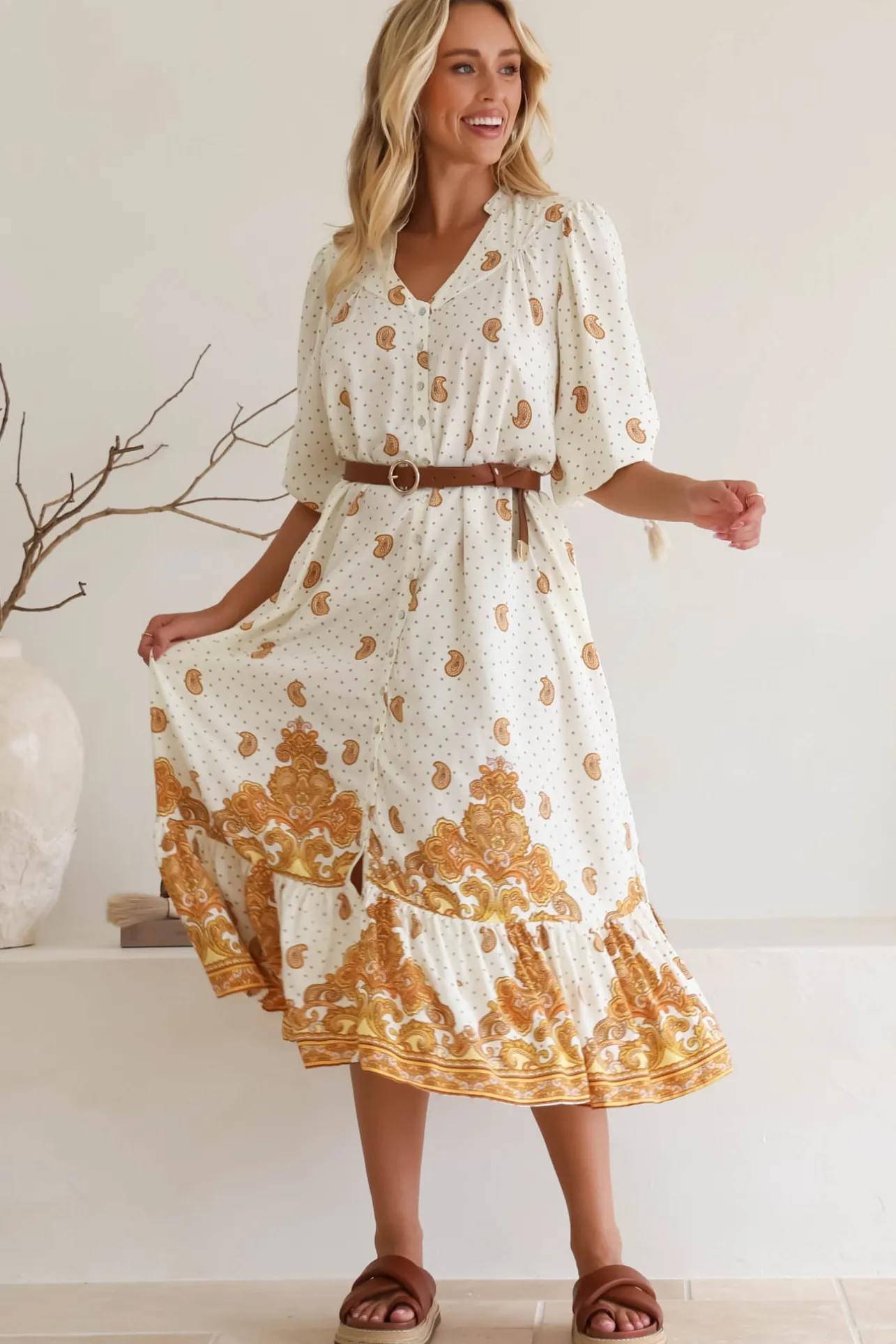 Rosalie Maxi Dress - Mandarin Collar Button Down Dress in Sundown Print>Jaase Online