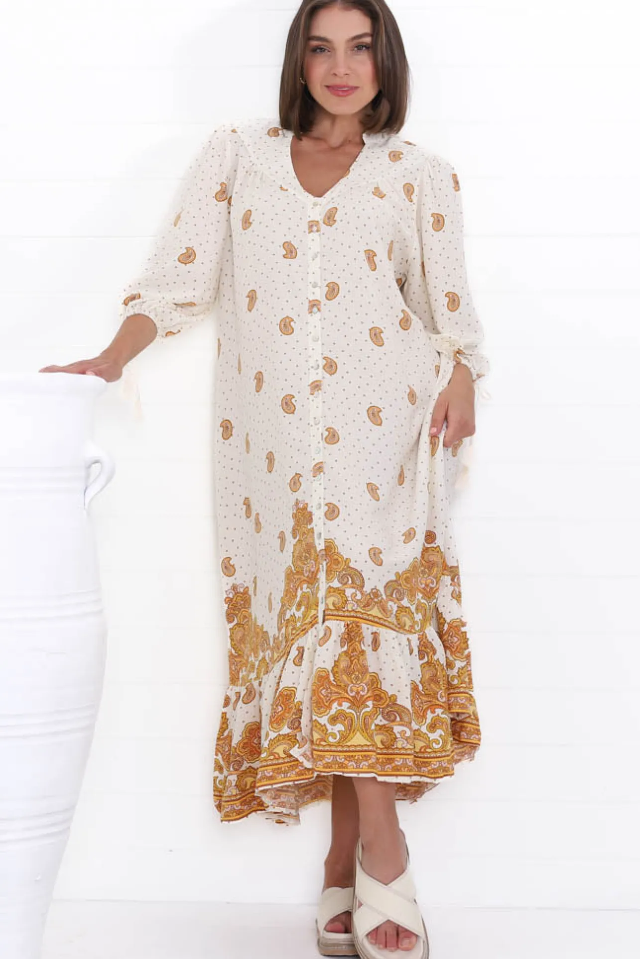 Rosalie Maxi Dress - Mandarin Collar Button Down Dress in Sundown Print>Jaase Online