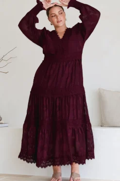 Rouge Maxi Dress - Lace Overlay Tiered Dress in Wine>Salty Crush Online