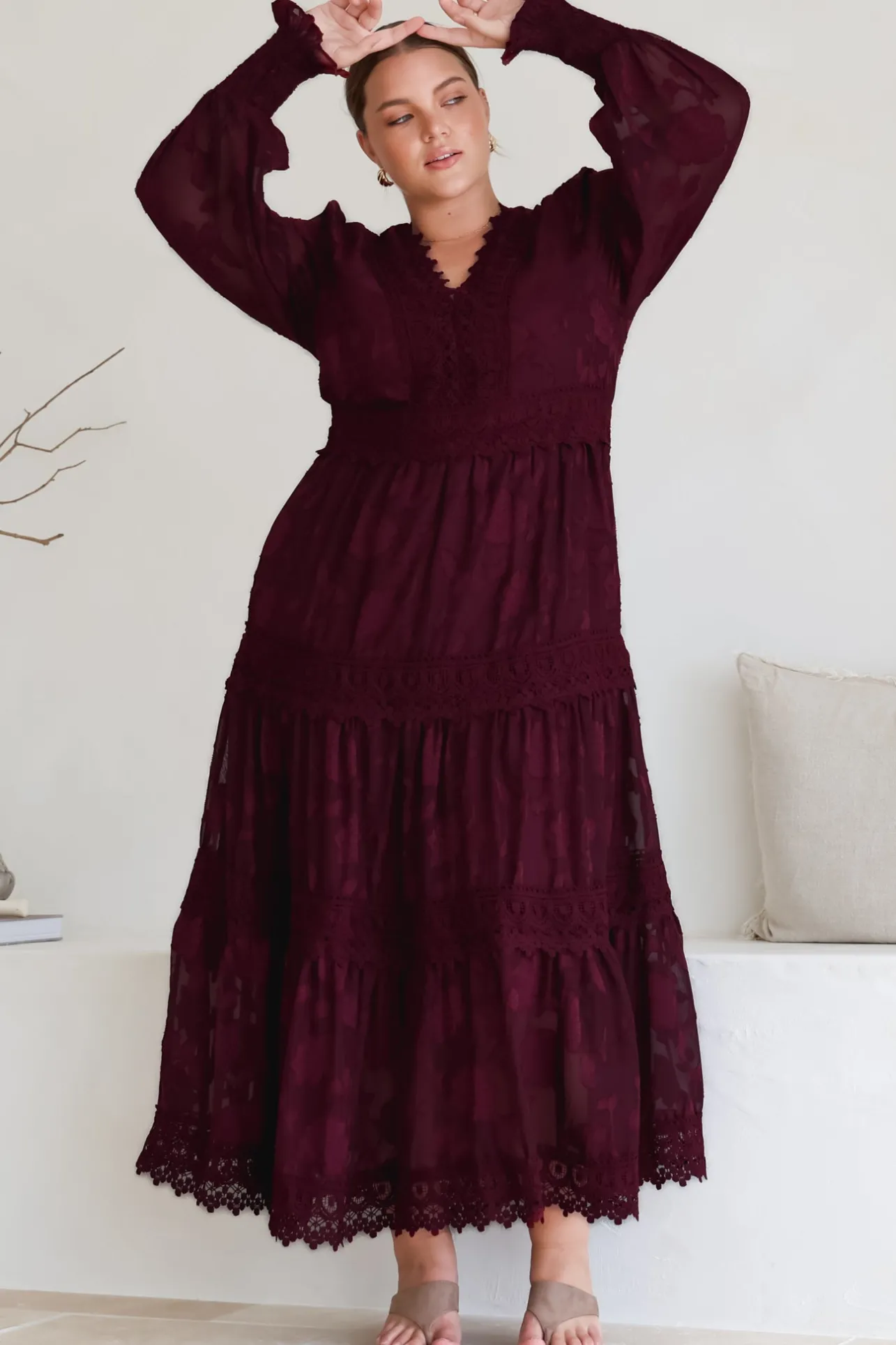 Rouge Maxi Dress - Lace Overlay Tiered Dress in Wine>Salty Crush Online