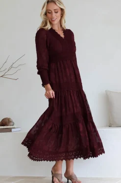 Rouge Maxi Dress - Lace Overlay Tiered Dress in Wine><noscript><img width=
