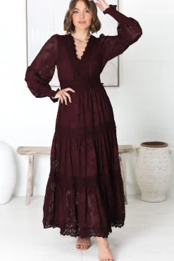 Rouge Maxi Dress - Lace Overlay Tiered Dress in Wine><noscript><img width=