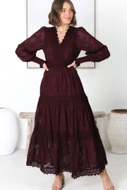 Rouge Maxi Dress - Lace Overlay Tiered Dress in Wine><noscript><img width=