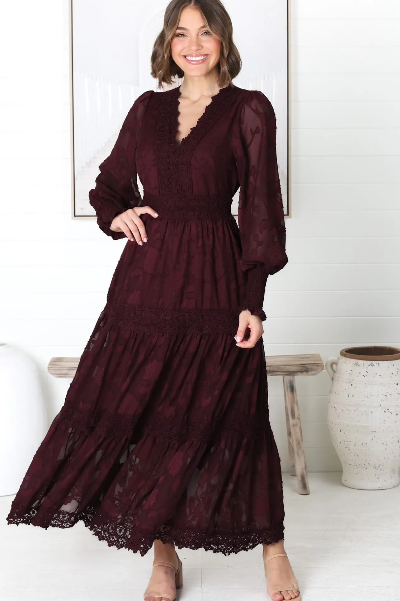 Rouge Maxi Dress - Lace Overlay Tiered Dress in Wine>Salty Crush Online