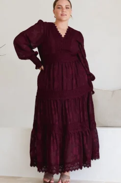 Rouge Maxi Dress - Lace Overlay Tiered Dress in Wine><noscript><img width=