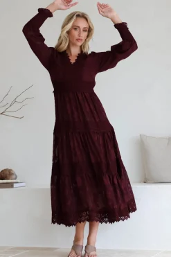 Rouge Maxi Dress - Lace Overlay Tiered Dress in Wine><noscript><img width=