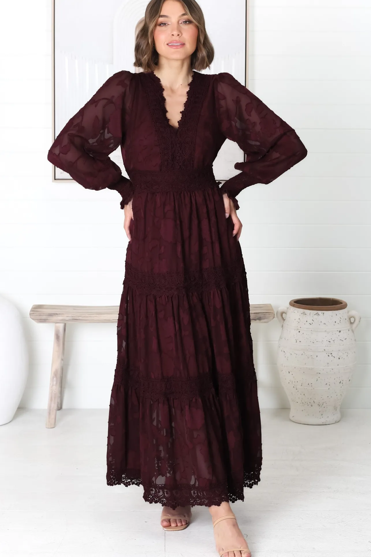 Rouge Maxi Dress - Lace Overlay Tiered Dress in Wine>Salty Crush Online