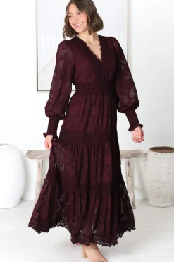 Rouge Maxi Dress - Lace Overlay Tiered Dress in Wine><noscript><img width=
