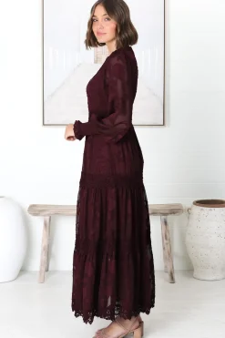 Rouge Maxi Dress - Lace Overlay Tiered Dress in Wine><noscript><img width=