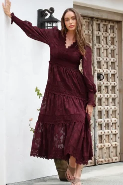 Rouge Maxi Dress - Lace Overlay Tiered Dress in Wine><noscript><img width=