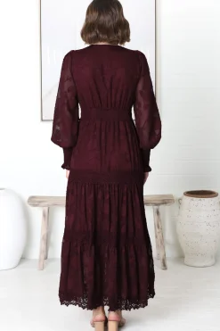 Rouge Maxi Dress - Lace Overlay Tiered Dress in Wine><noscript><img width=