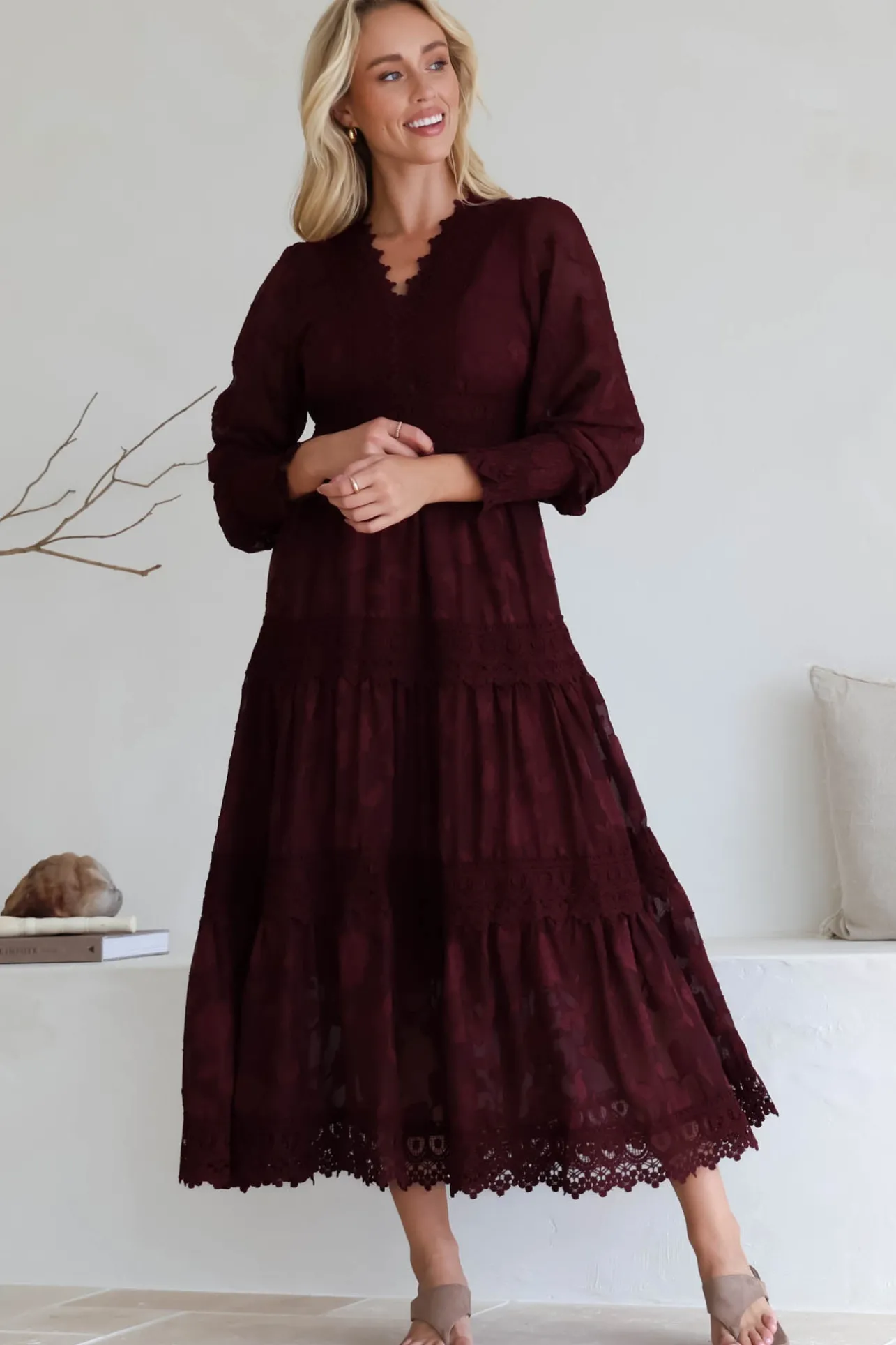 Rouge Maxi Dress - Lace Overlay Tiered Dress in Wine>Salty Crush Online